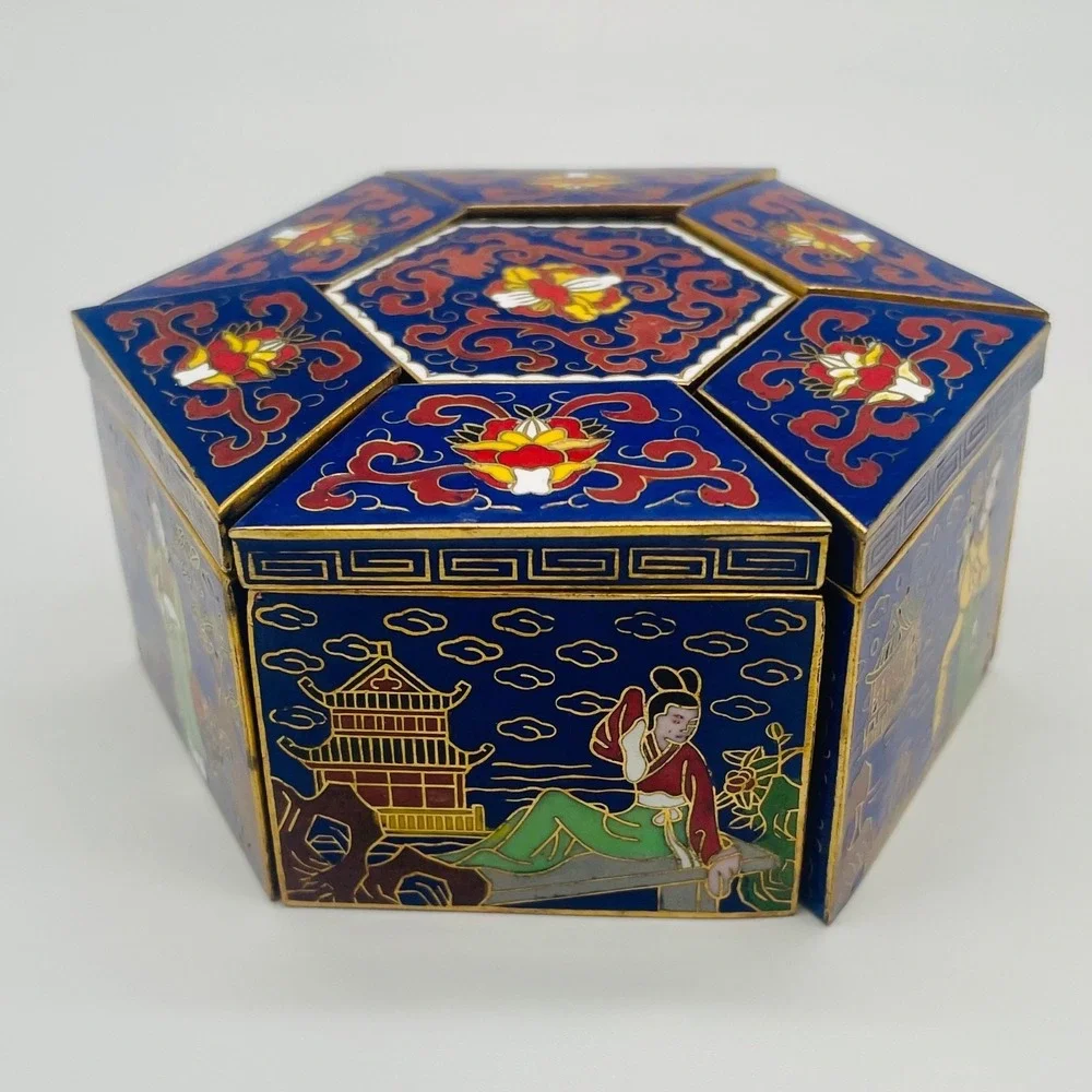 Peking‎ Jewelry Cloisonne Enamel 7-Piece Puzzle Trinket Box Set Blue Floral